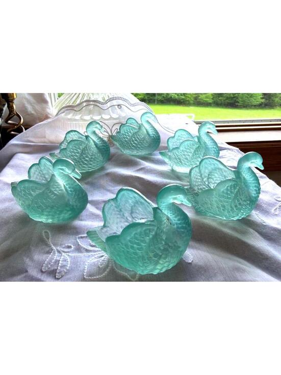Swan Other - VTG Aqua Glass Frosted Swan Trinket Dish Salt Cellar Rare Lot 6 French Country